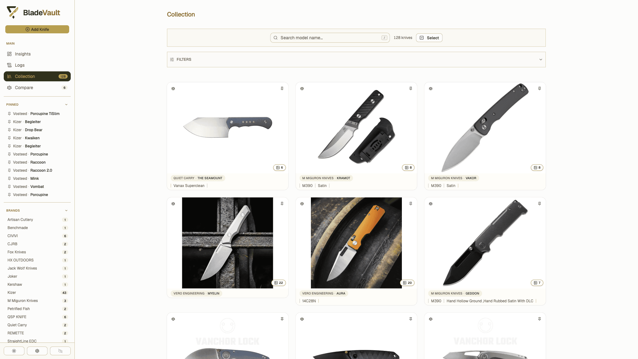 BladeVault collection showing search, filters, sidebar navigation, and image-rich knife records