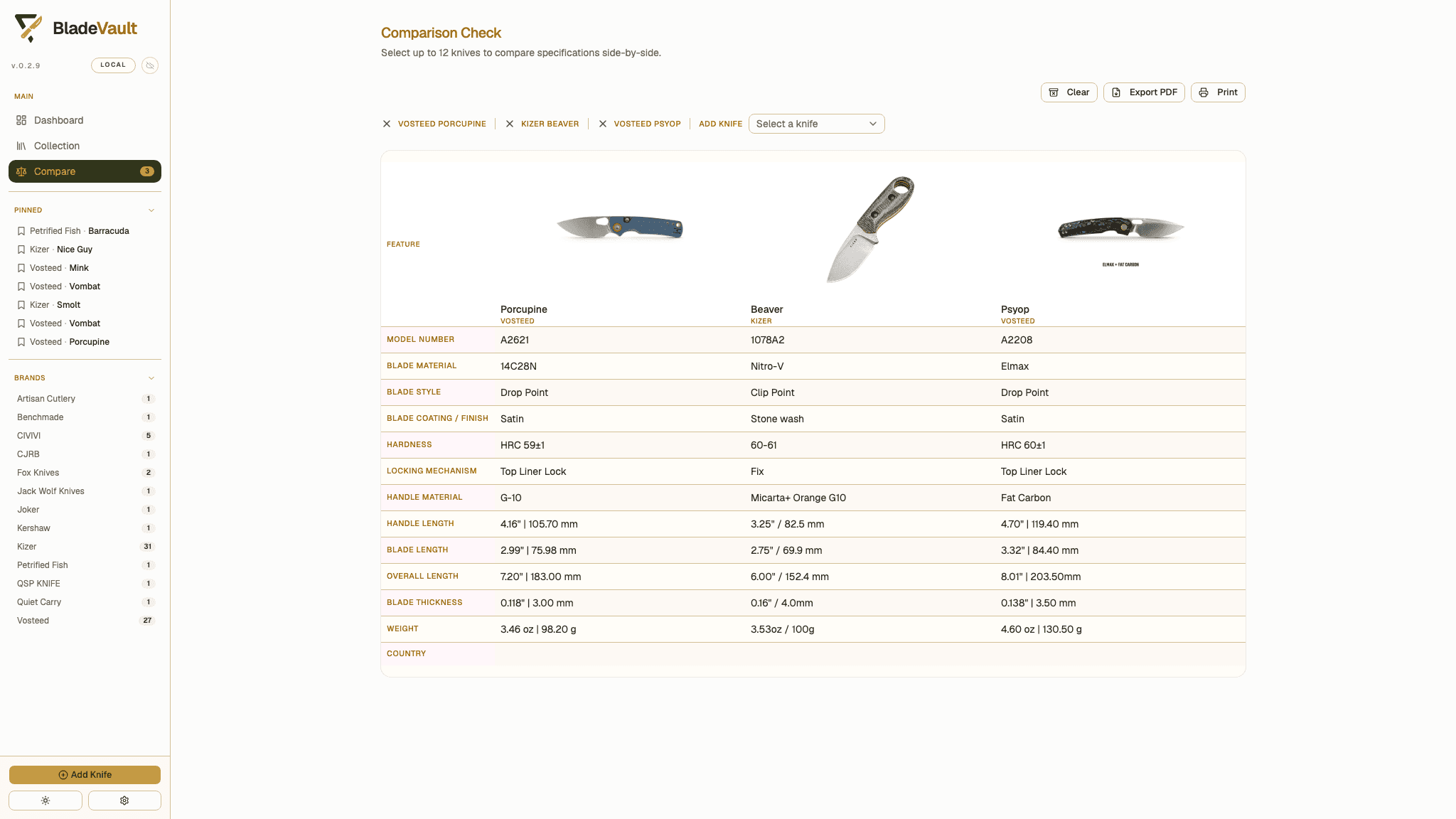 BladeVault knife comparison screenshot
