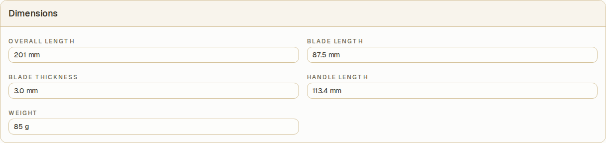 The dimension fields, with the Bellamy's measurements entered