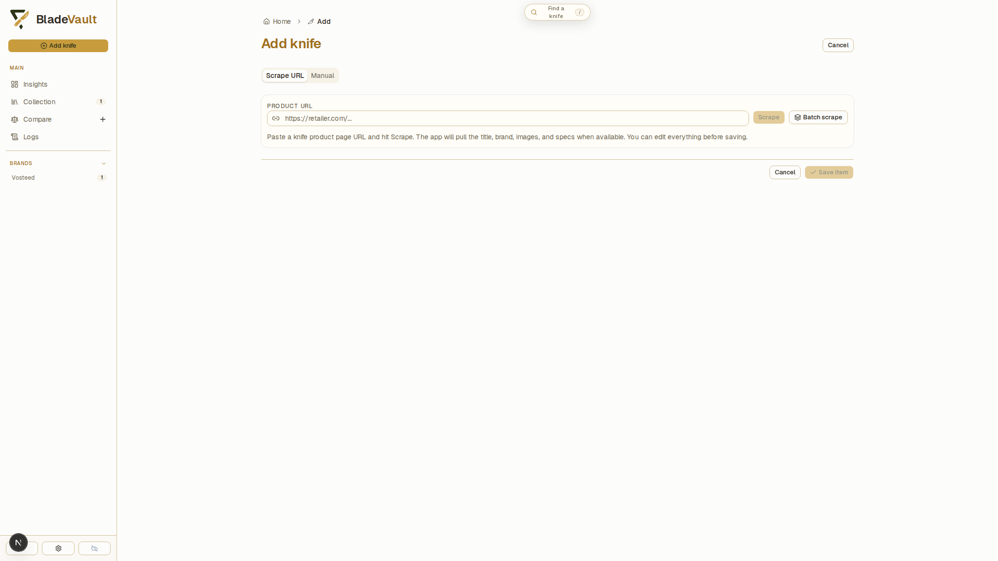 The Add knife form, open on the Scrape URL tab