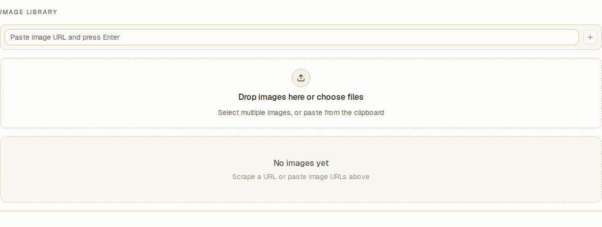 The image library: the URL field with its + button, and the drop area