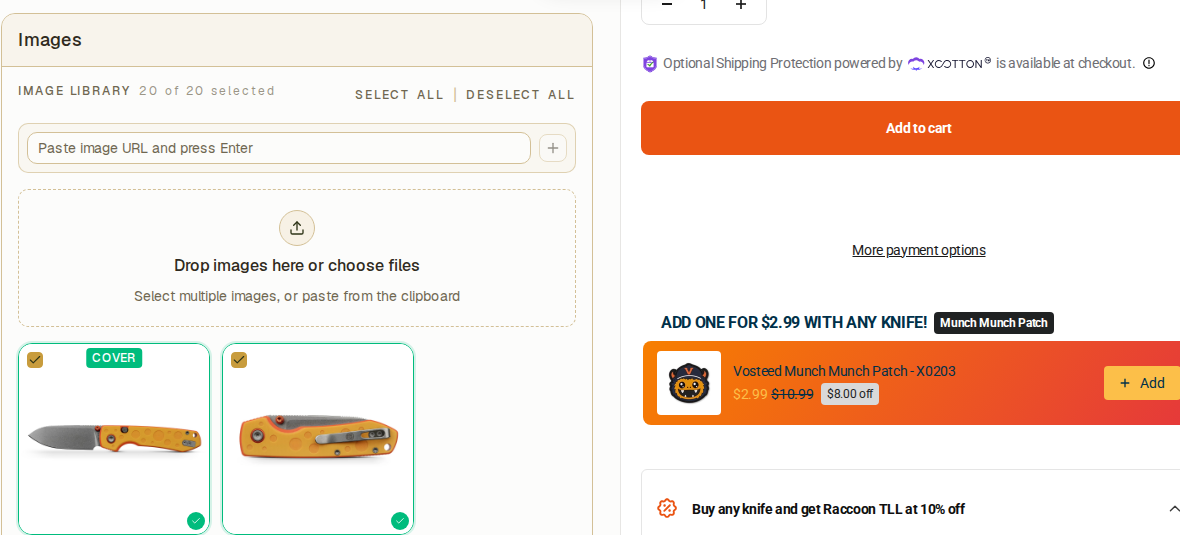 Imported product images, all selected, with the cover marked
