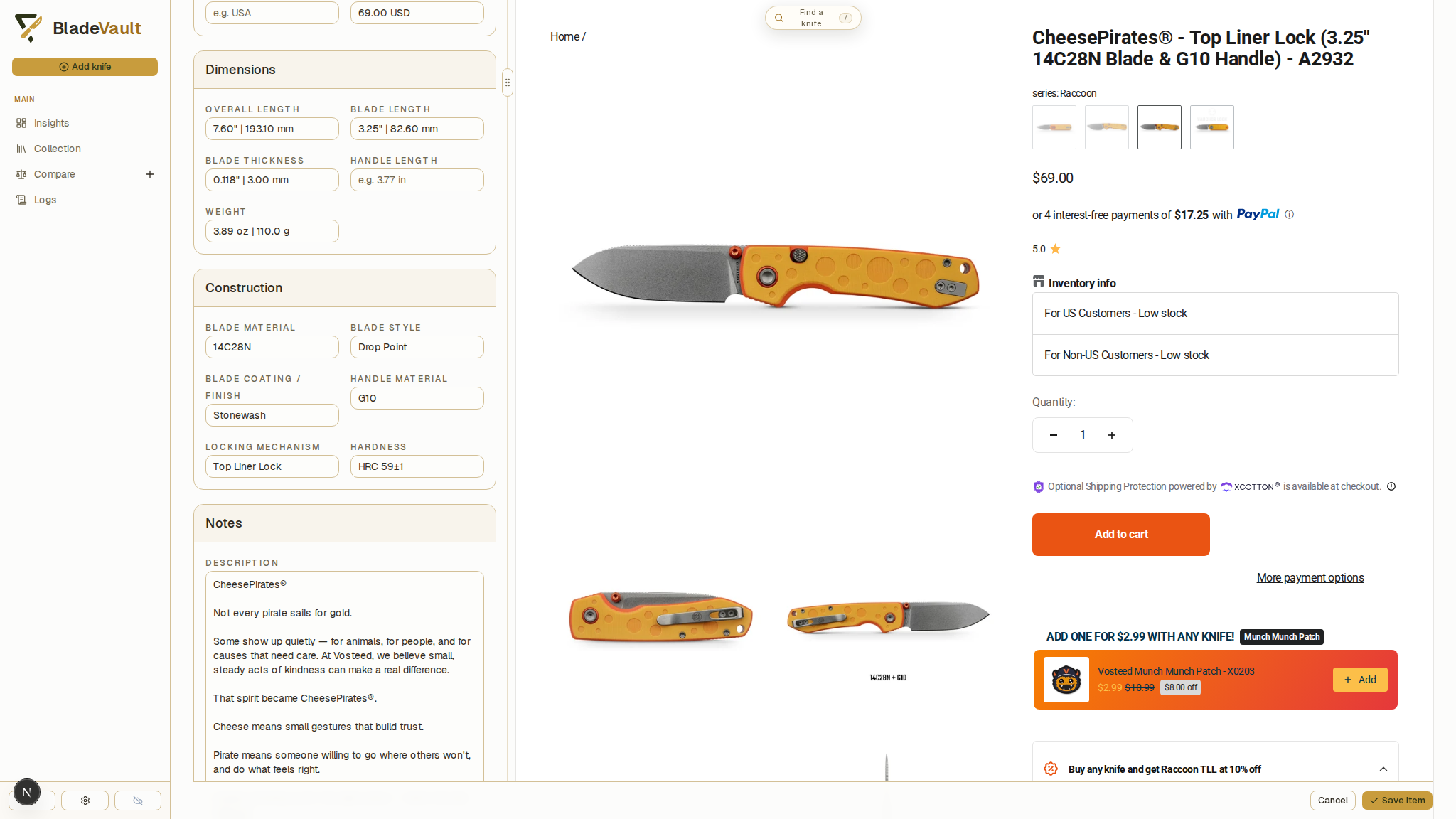 Imported values from a Vosteed product page, with the scraped page preview beside the form