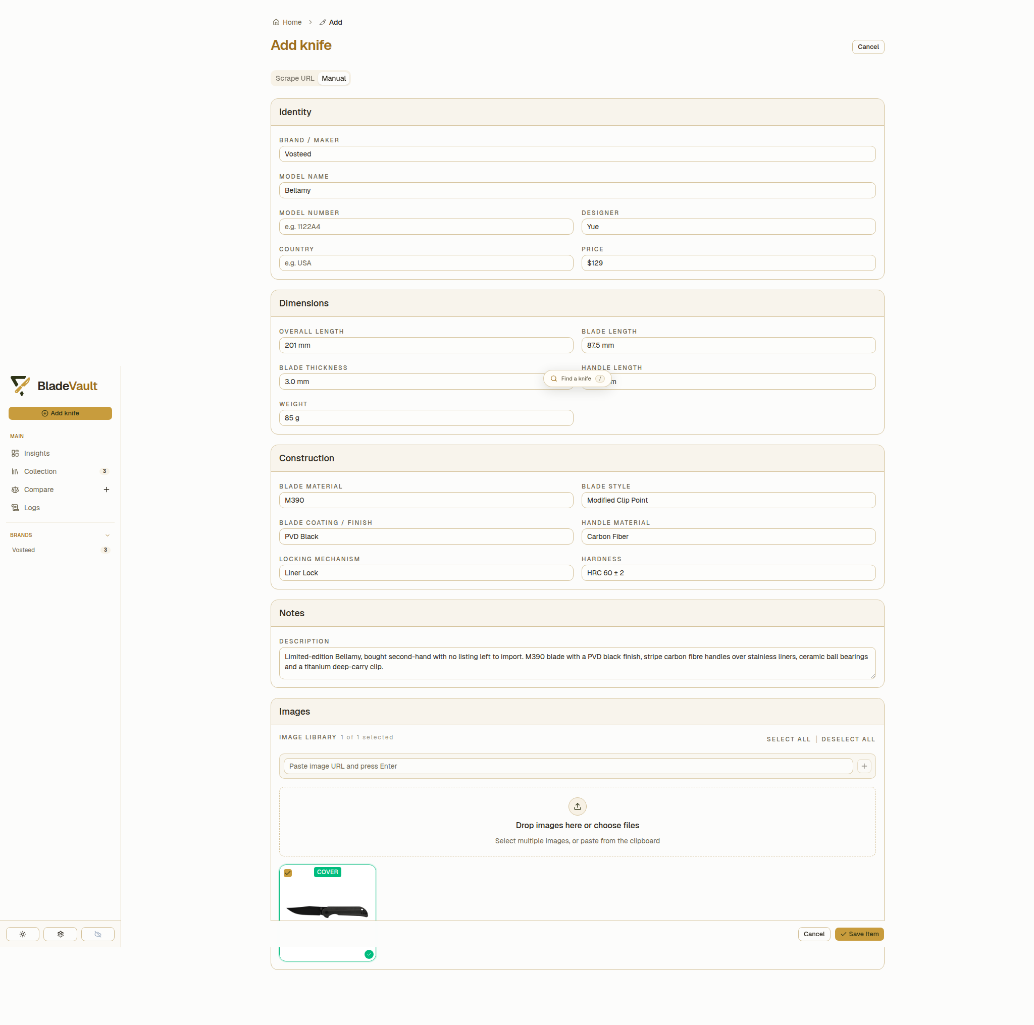 The Add knife page with the Manual tab open