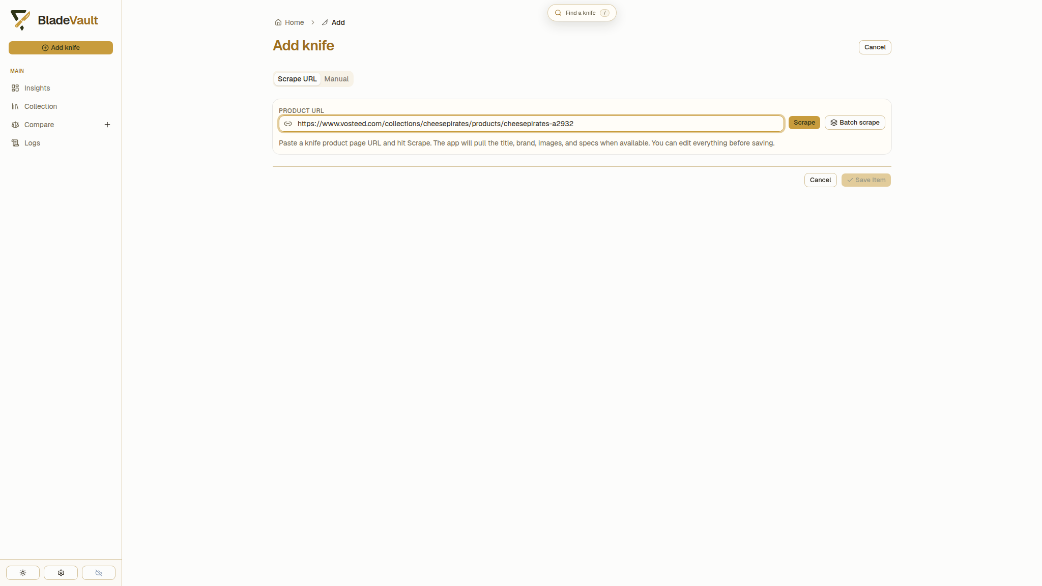 The form after pasting a product URL, with Scrape and Batch scrape on the right