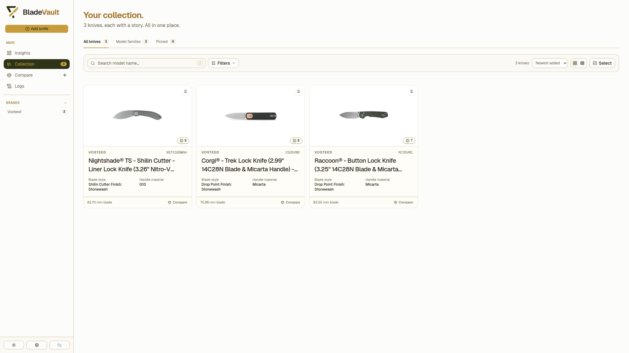 The three imported knives as cards in the collection