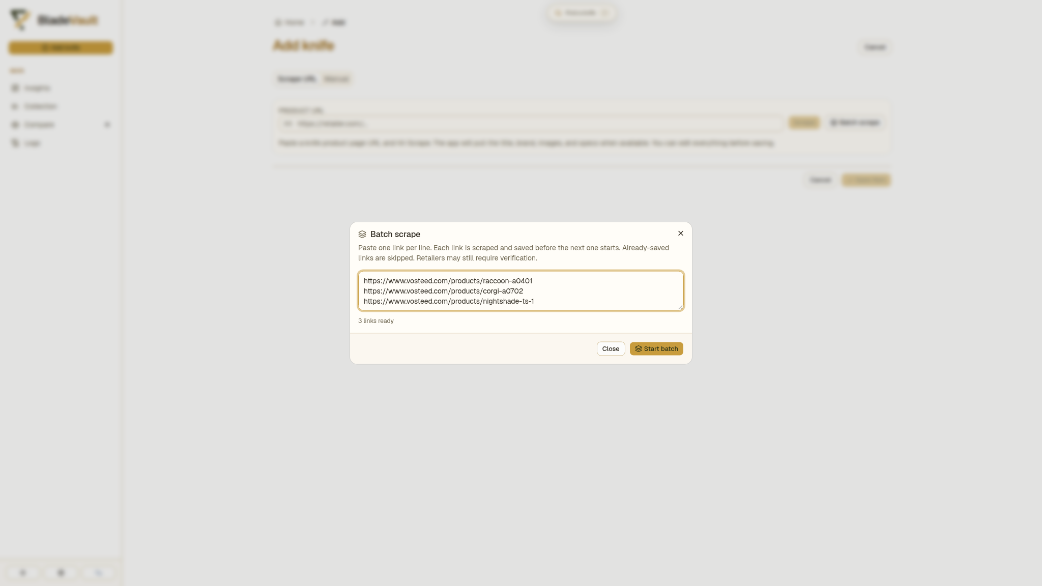 The Batch scrape dialog with three product links pasted, showing "3 links ready"