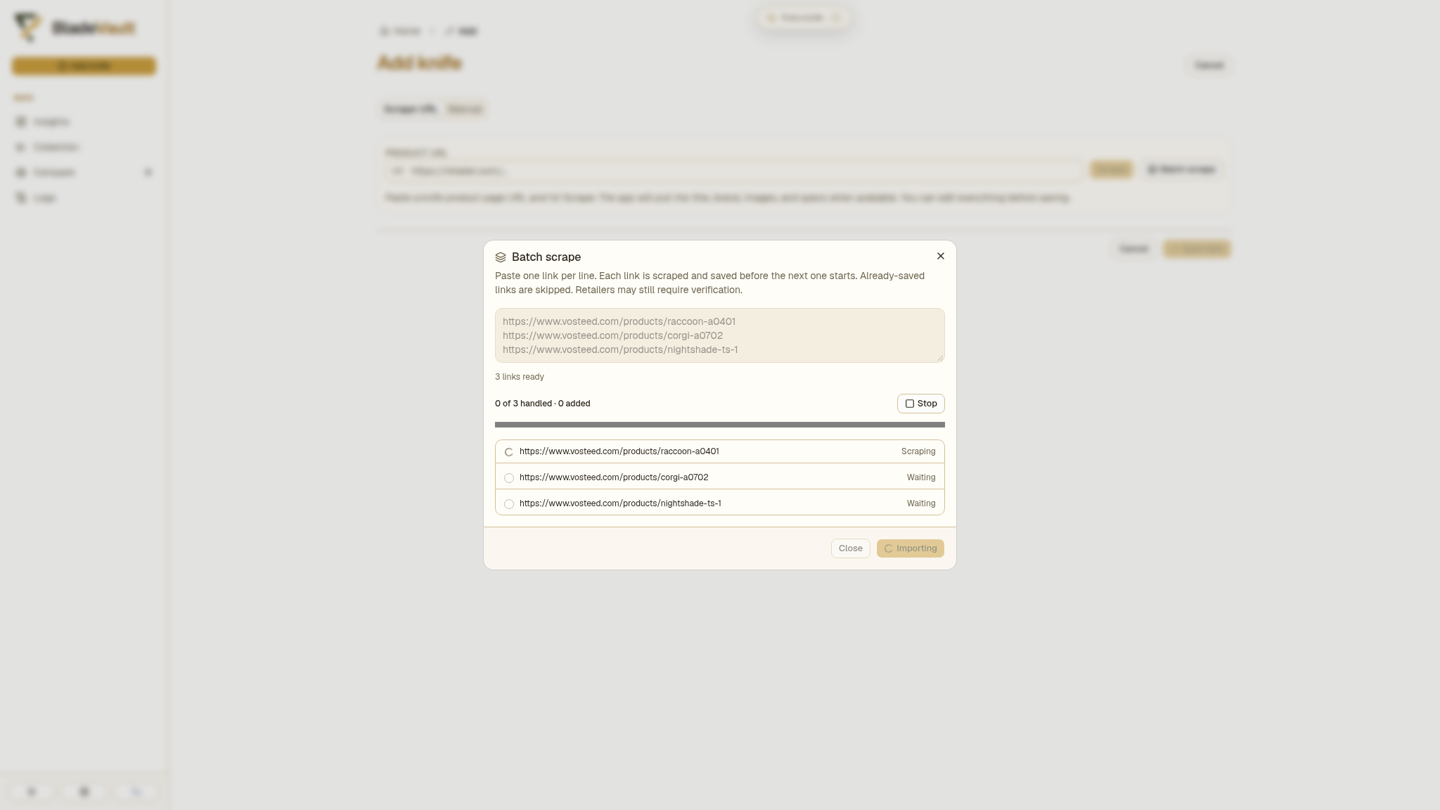 A batch in progress: the first link scraping while the others wait