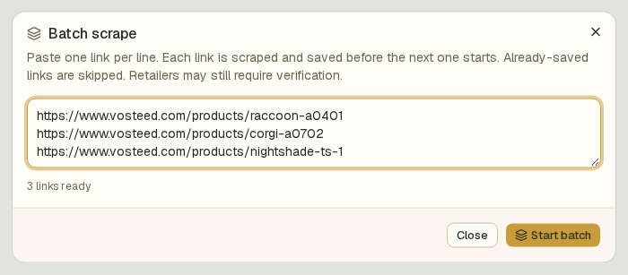 The Batch scrape dialog with the Start batch button in its footer
