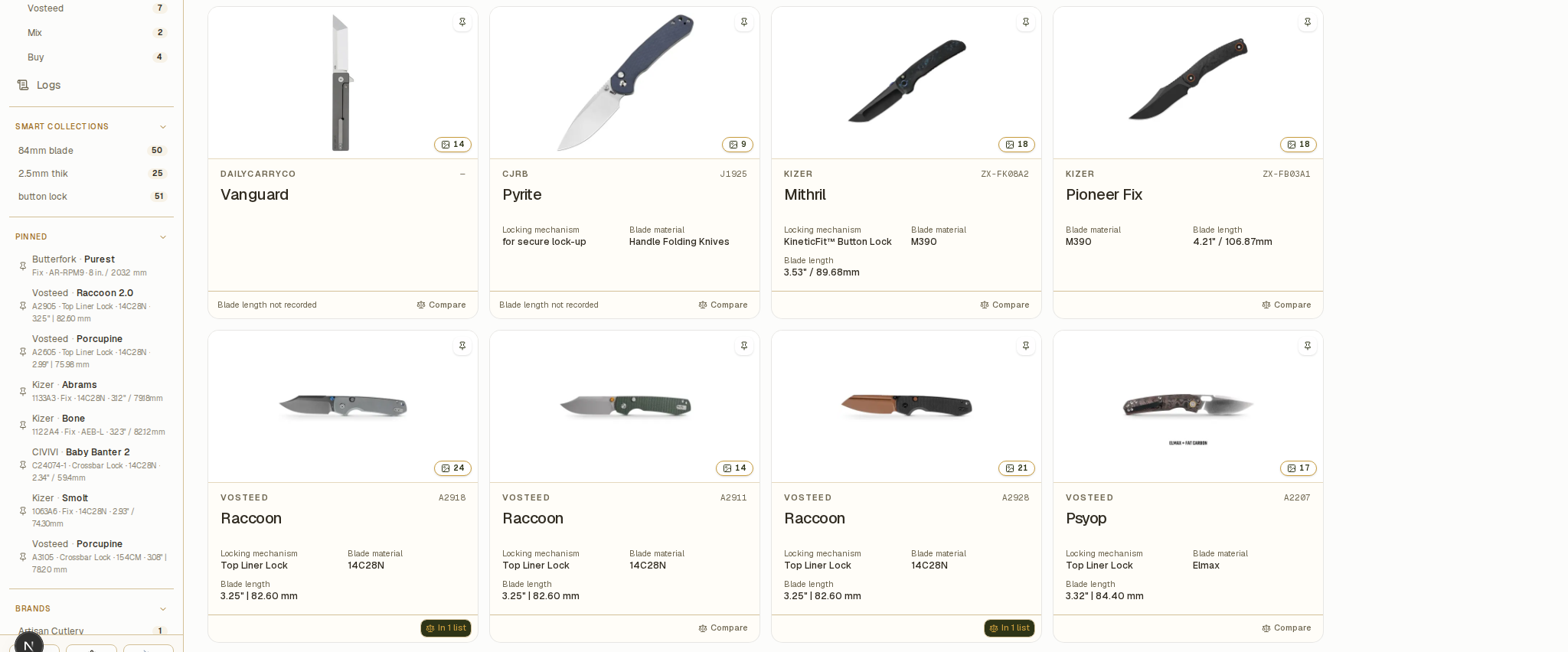BladeVault collection view with Smart Collections, model-family browsing, and configurable knife cards
