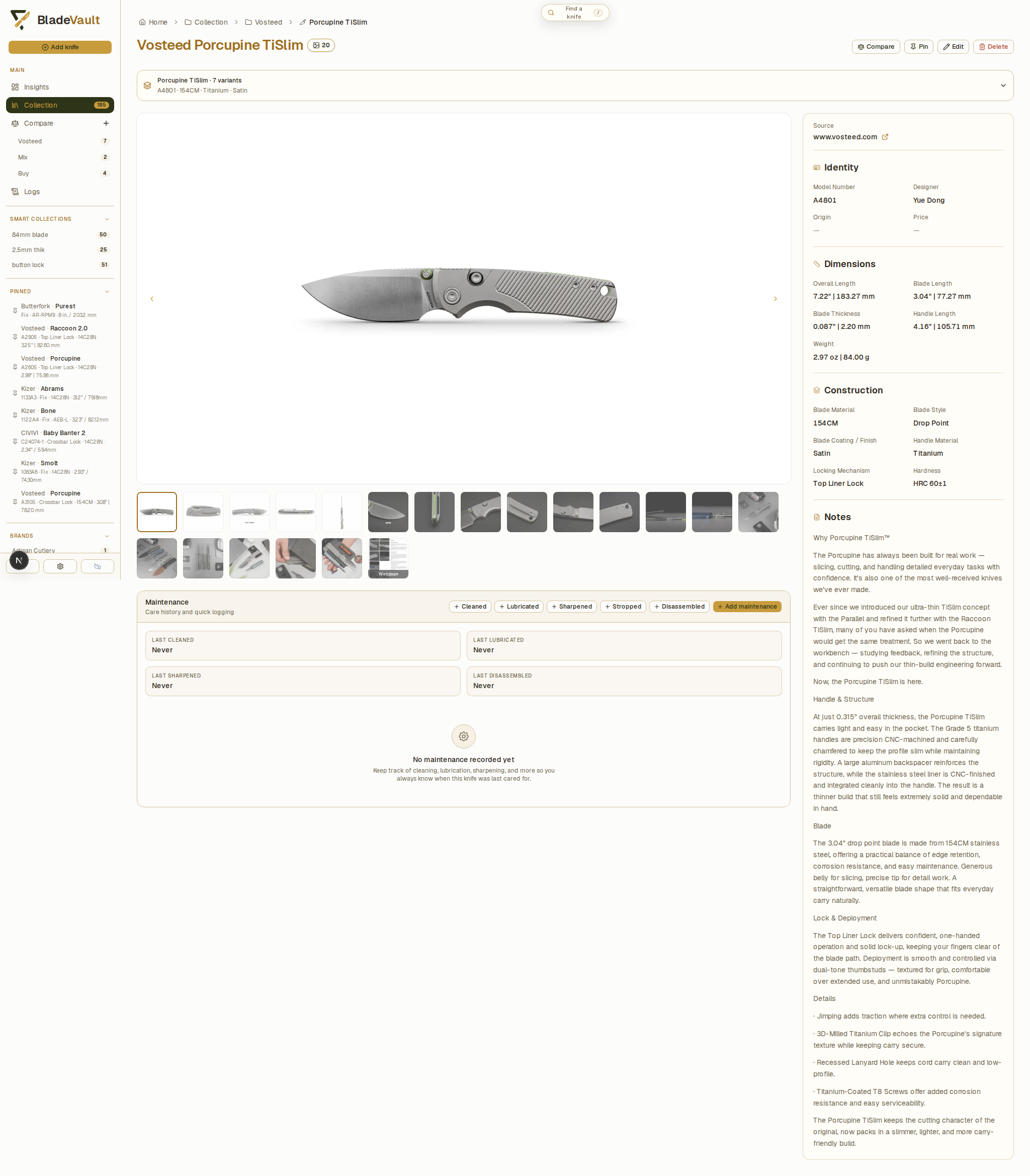 Knife detail page with specifications, notes, and image gallery