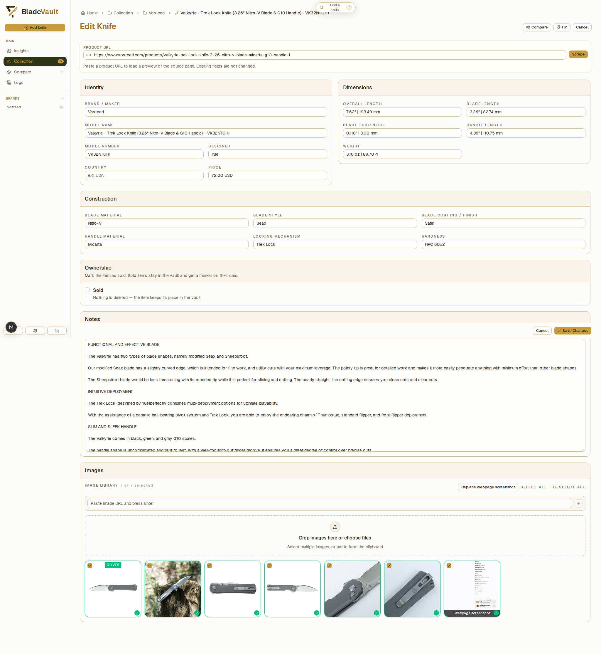 The Edit Knife view: the source URL, every field, the image library and its cover