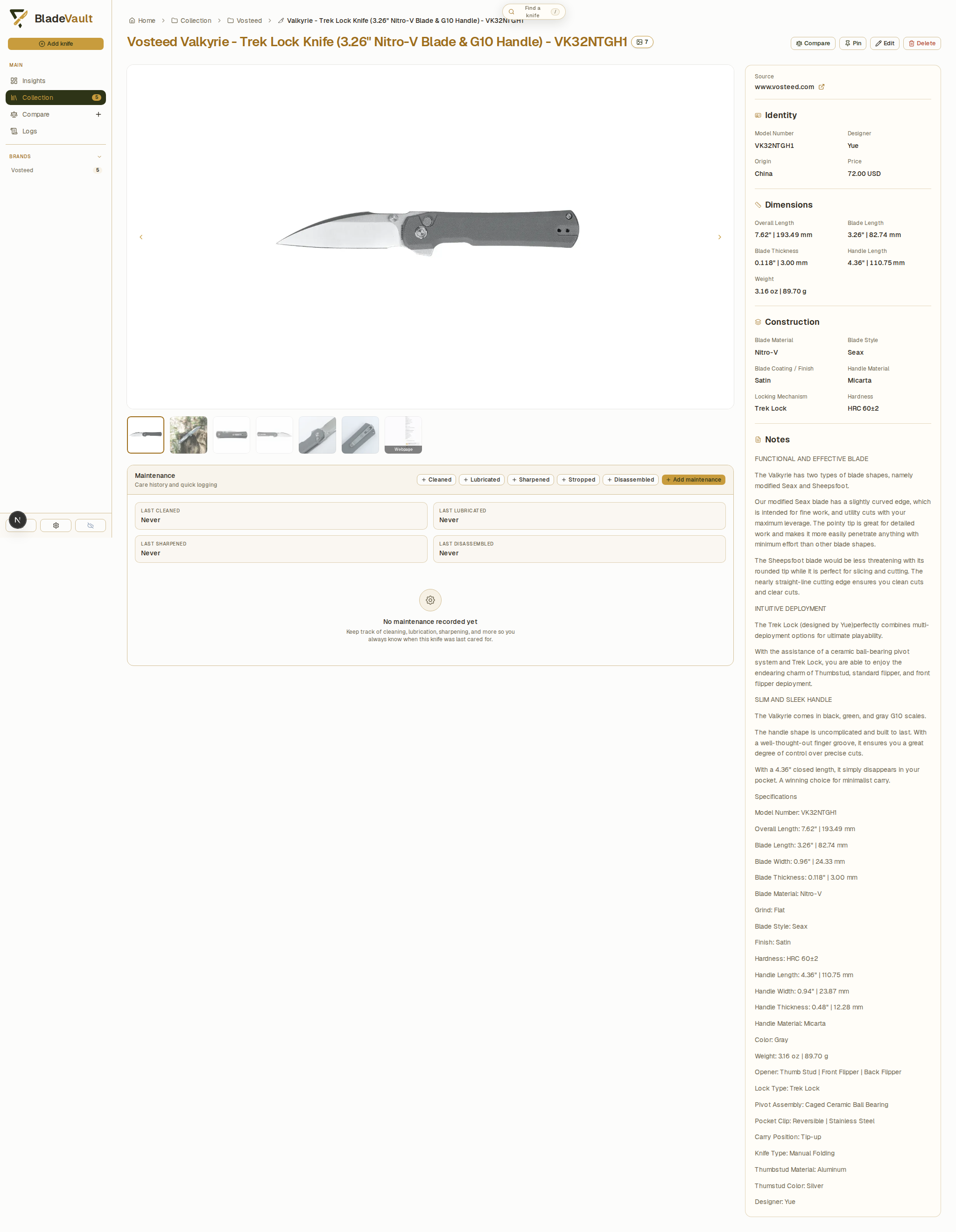The saved record with Origin filled in — China — beside the specifications the import read off the page